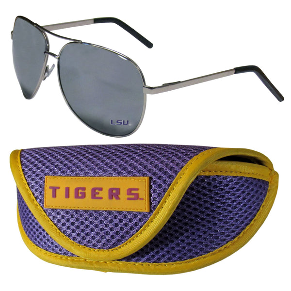 NCAA - LSU Tigers Aviator Sunglasses and Sports Case-Sunglasses, Eyewear & Accessories,Sunglass & Accessory Sets,Aviator Sunglasses & Sport Case,College Aviator Sunglasses Sunglasses & Sport Case-JadeMoghul Inc.