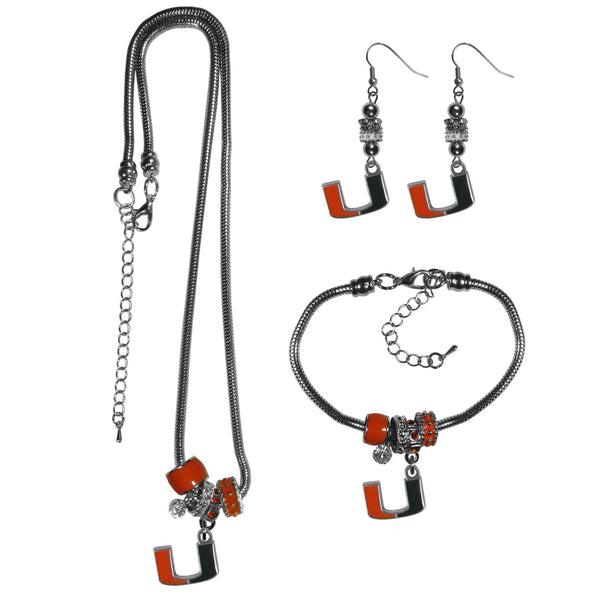 NCAA - Miami Hurricanes Euro Bead Jewelry 3 piece Set-Jewelry & Accessories,College Jewelry,Miami Hurricanes Jewelry-JadeMoghul Inc.