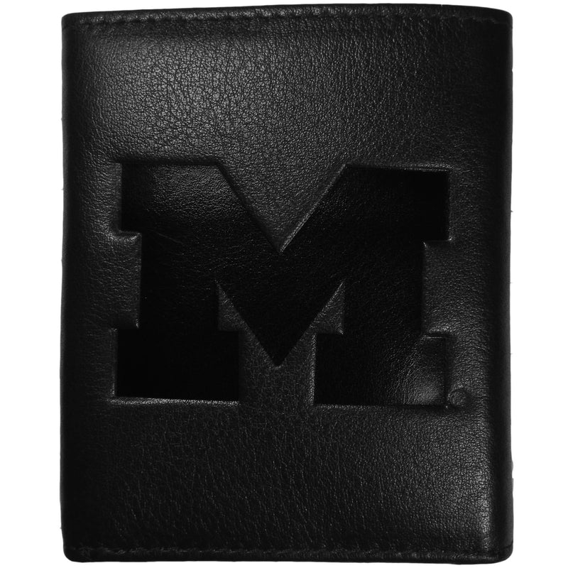 NCAA - Michigan Wolverines Embossed Leather Tri-fold Wallet-Wallets & Checkbook Covers,College Wallets,College Tri-fold Wallets,Leather Tri-fold Wallets-JadeMoghul Inc.