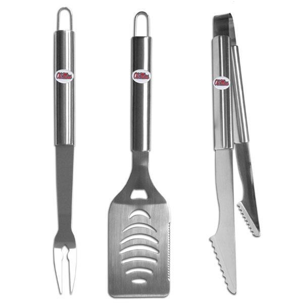 NCAA - Mississippi Rebels 3 pc Stainless Steel BBQ Set-Tailgating & BBQ Accessories,BBQ Tools,3 pc Steel Tool SetCollege 3 pc Steel Tool Set-JadeMoghul Inc.