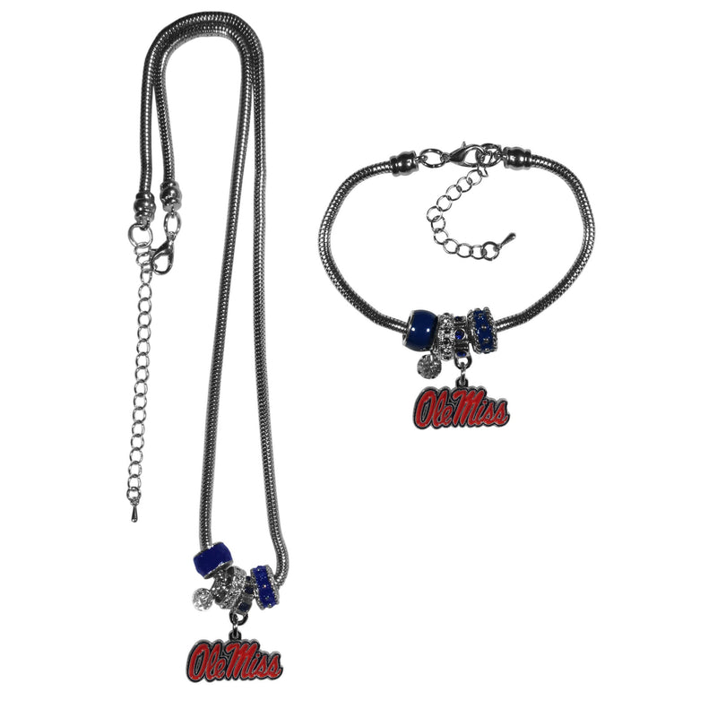 NCAA - Mississippi Rebels Euro Bead Necklace and Bracelet Set-Jewelry & Accessories,College Jewelry,Mississippi Rebels Jewelry-JadeMoghul Inc.