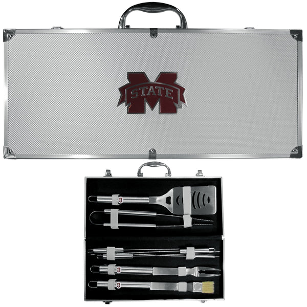 NCAA - Mississippi St. Bulldogs 8 pc Stainless Steel BBQ Set w/Metal Case-Tailgating & BBQ Accessories,BBQ Tools,8 pc Steel Tool Set w/Metal Case,College 8 pc Steel Tool Set w/Metal Case-JadeMoghul Inc.