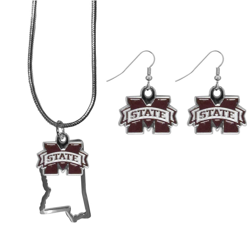NCAA - Mississippi St. Bulldogs Dangle Earrings and State Necklace Set-Jewelry & Accessories,College Jewelry,Mississippi St. Bulldogs Jewelry-JadeMoghul Inc.