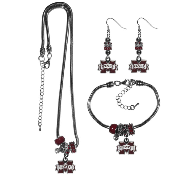 NCAA - Mississippi St. Bulldogs Euro Bead Jewelry 3 piece Set-Jewelry & Accessories,College Jewelry,Mississippi St. Bulldogs Jewelry-JadeMoghul Inc.