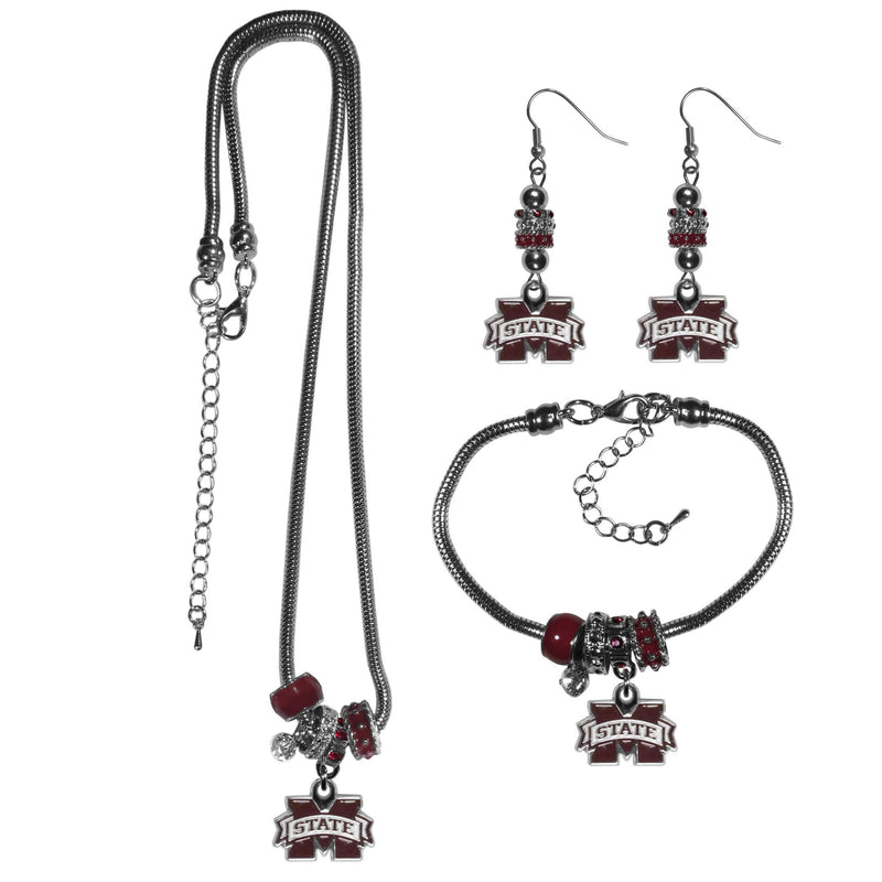 NCAA - Mississippi St. Bulldogs Euro Bead Jewelry 3 piece Set-Jewelry & Accessories,College Jewelry,Mississippi St. Bulldogs Jewelry-JadeMoghul Inc.
