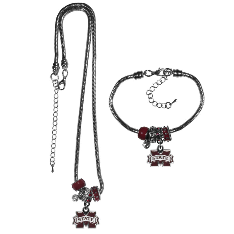 NCAA - Mississippi St. Bulldogs Euro Bead Necklace and Bracelet Set-Jewelry & Accessories,College Jewelry,Mississippi St. Bulldogs Jewelry-JadeMoghul Inc.