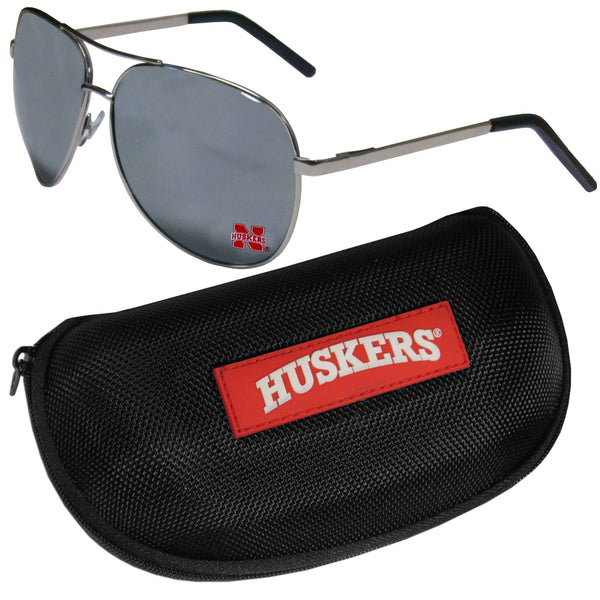 NCAA - Nebraska Cornhuskers Aviator Sunglasses and Zippered Carrying Case-Sunglasses, Eyewear & Accessories,Sunglass & Accessory Sets,Aviator Sunglasses & Zippered Case,College Aviator Sunglasses Sunglasses & Zippered Case-JadeMoghul Inc.