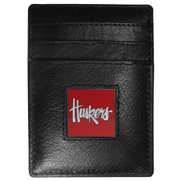 NCAA - Nebraska Cornhuskers Leather Money Clip/Cardholder Packaged in Gift Box-Wallets & Checkbook Covers,Money Clip/Cardholders,Gift Box Packaging,College Money Clip/Cardholders-JadeMoghul Inc.