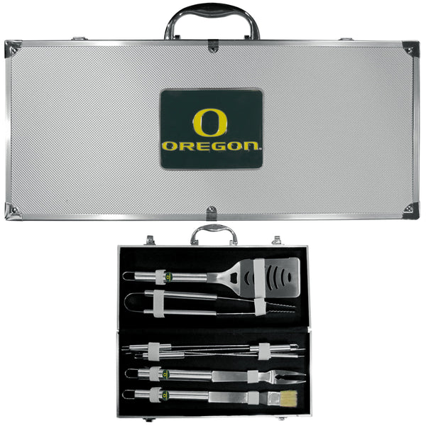NCAA - Oregon Ducks 8 pc Stainless Steel BBQ Set w/Metal Case-Tailgating & BBQ Accessories,BBQ Tools,8 pc Steel Tool Set w/Metal Case,College 8 pc Steel Tool Set w/Metal Case-JadeMoghul Inc.