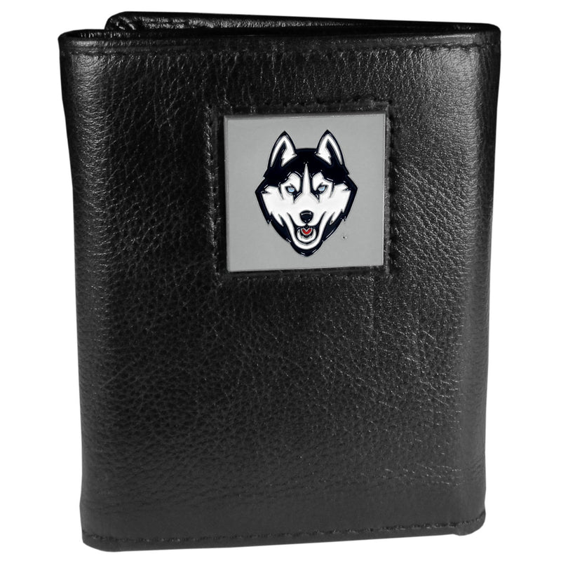 NCAA - UCONN Huskies Deluxe Leather Tri-fold Wallet Packaged in Gift Box-Wallets & Checkbook Covers,Tri-fold Wallets,Deluxe Tri-fold Wallets,Gift Box Packaging,College Tri-fold Wallets-JadeMoghul Inc.