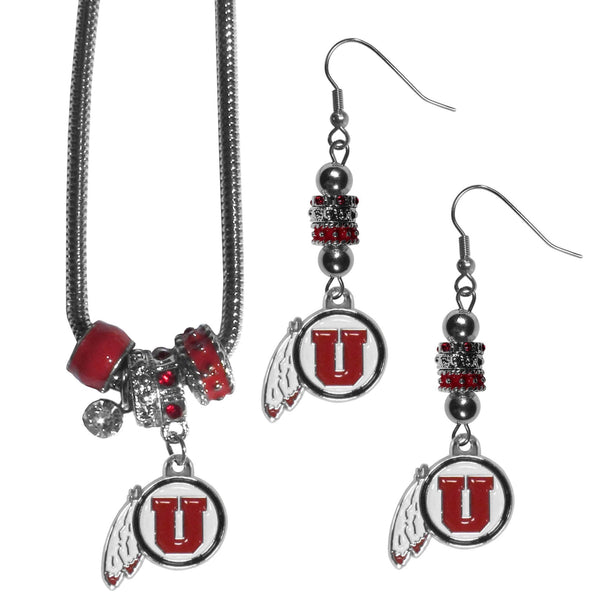 NCAA - Utah Utes Euro Bead Earrings and Necklace Set-Jewelry & Accessories,College Jewelry,Utah Utes Jewelry-JadeMoghul Inc.