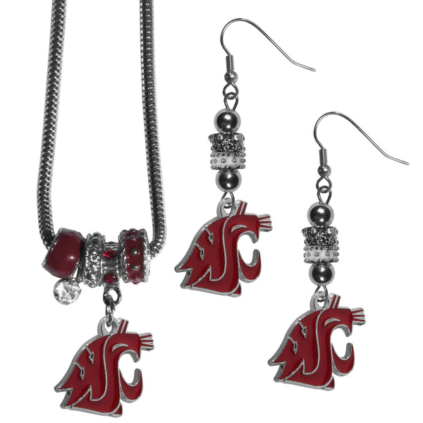 NCAA - Washington St. Cougars Euro Bead Earrings and Necklace Set-Jewelry & Accessories,College Jewelry,Washington St. Cougars Jewelry-JadeMoghul Inc.