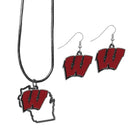 NCAA - Wisconsin Badgers Dangle Earrings and State Necklace Set-Jewelry & Accessories,College Jewelry,Wisconsin Badgers Jewelry-JadeMoghul Inc.