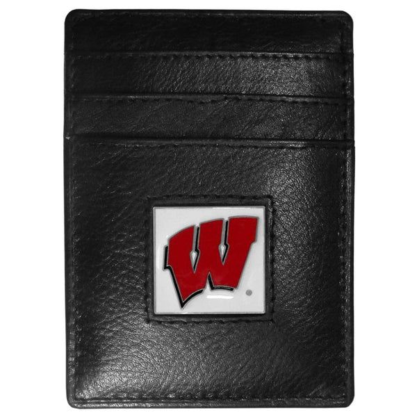 NCAA - Wisconsin Badgers Leather Money Clip/Cardholder Packaged in Gift Box-Wallets & Checkbook Covers,Money Clip/Cardholders,Gift Box Packaging,College Money Clip/Cardholders-JadeMoghul Inc.