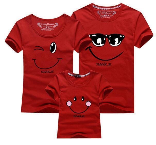 New 2017 Cotton Family Matching T Shirt Smiling Face Shirt Short Sleeves Matching Clothes Fashion Family Outfit Set Tees Tops-Red-Mother M-JadeMoghul Inc.