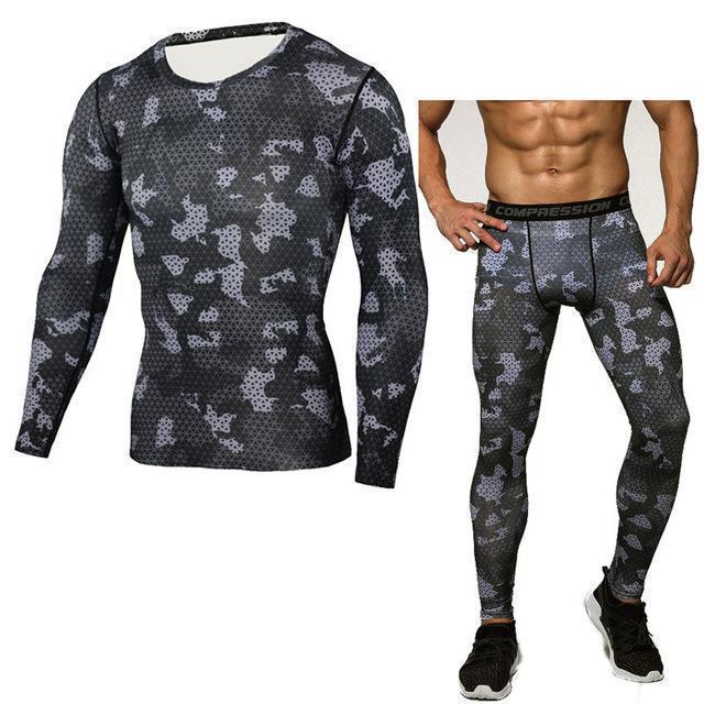 New 2017 Fitness Men Sets Camouflage Compression Shirts + Leggings Base Layer Crossfit Brand Long Sleeve T Shirt Clothing-TK103-S-JadeMoghul Inc.