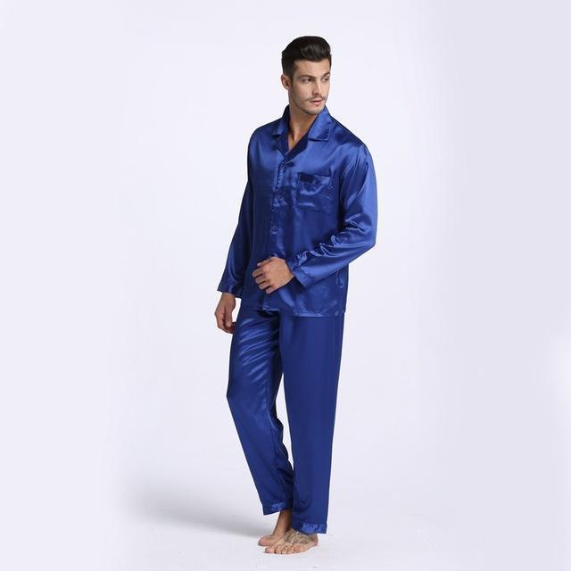 New Arrival Men Stain Silk Pajama Set / Modern Style Silk Nightgown-Blue-M-JadeMoghul Inc.