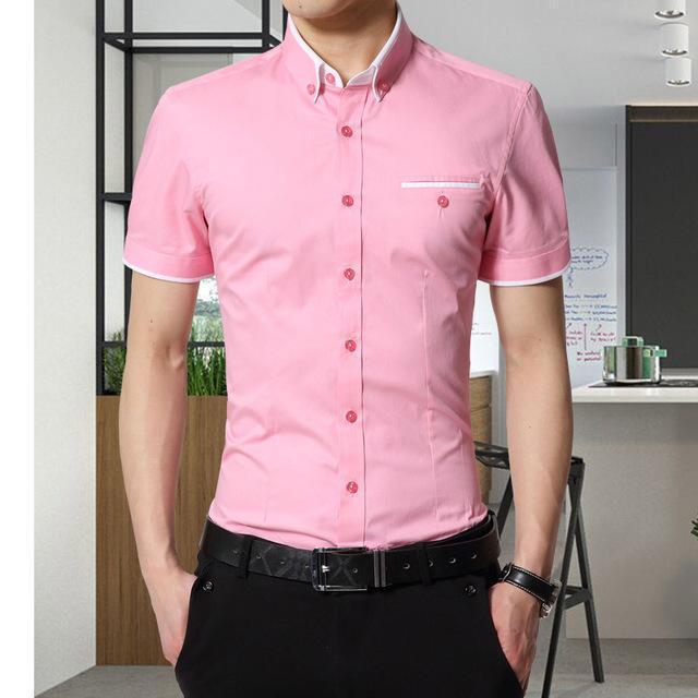 New Arrival Men's Summer Business Short Sleeves Turn-down Collar Shirt-Pink-4XL-JadeMoghul Inc.