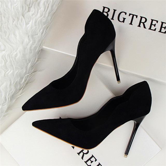 New Arrival Sexy Pointed Toe Office Shoes Women's Concise Solid Flock Shallow High Heels 10cm Shoes Women Fashion-Black-6-JadeMoghul Inc.