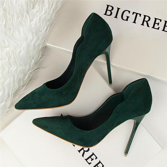 New Arrival Sexy Pointed Toe Office Shoes Women's Concise Solid Flock Shallow High Heels 10cm Shoes Women Fashion-Green-6-JadeMoghul Inc.