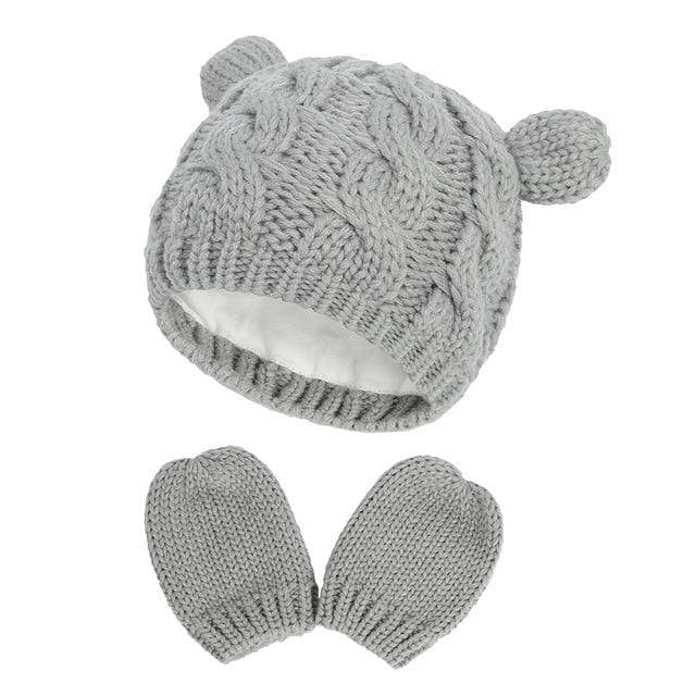 New Baby Kids Girls Boys Winter Warm Knit Hat Ear Solid Warm Cute Glove 2pcs Lovely Beanie Cap 0-18M AExp