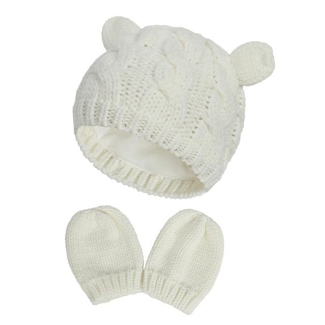New Baby Kids Girls Boys Winter Warm Knit Hat Ear Solid Warm Cute Glove 2pcs Lovely Beanie Cap 0-18M AExp