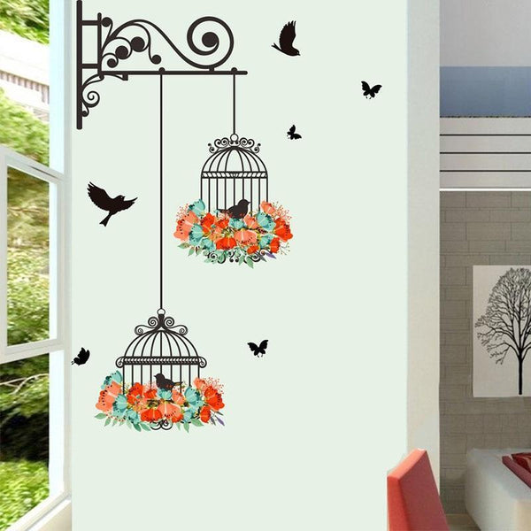 New Birdcage Flower Flying for Living room Nursery Room Wall Stickers Vinyl Wall Decals Wall Sticker for Kids Room Home Decor--JadeMoghul Inc.