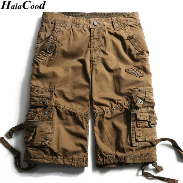 New Calf-Length Cargo Men Cotton Shorts / Multi-Pocket Solid Shorts-FHGS3233 Brown-29-JadeMoghul Inc.