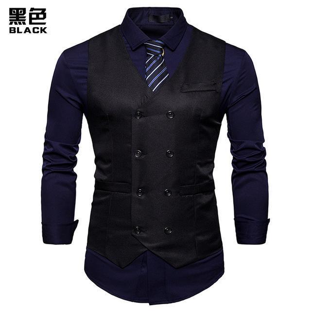 New Double Breasted Men Vest - Slim Fit Sleeveless Waistcoat-Black-S-JadeMoghul Inc.
