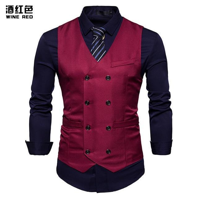 New Double Breasted Men Vest - Slim Fit Sleeveless Waistcoat-Wine Red-S-JadeMoghul Inc.