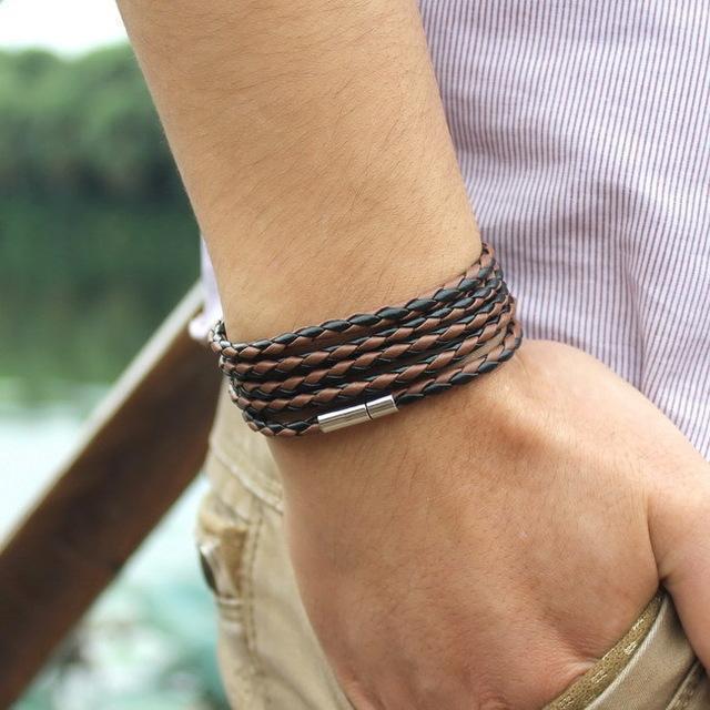 New Fashion 5 layer Leather Bracelets & charm Bangle Handmade Round Rope Turn Buckle Bracelet For Women Men Low Price Wholesale-Black Coffee-JadeMoghul Inc.