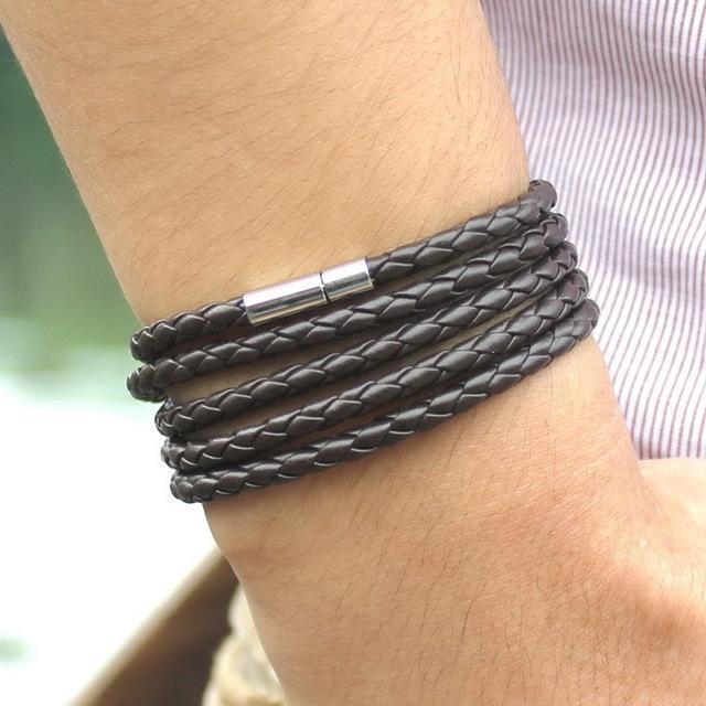 New Fashion 5 layer Leather Bracelets & charm Bangle Handmade Round Rope Turn Buckle Bracelet For Women Men Low Price Wholesale-Coffee-JadeMoghul Inc.