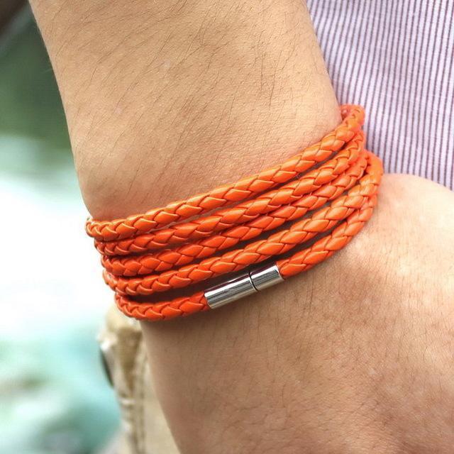 New Fashion 5 layer Leather Bracelets & charm Bangle Handmade Round Rope Turn Buckle Bracelet For Women Men Low Price Wholesale-Orange-JadeMoghul Inc.