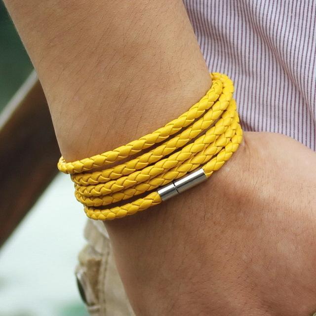 New Fashion 5 layer Leather Bracelets & charm Bangle Handmade Round Rope Turn Buckle Bracelet For Women Men Low Price Wholesale-Yellow-JadeMoghul Inc.