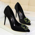 New Fashion Crystal Metal Square Buckle Women Pumps Soft Silk High Heels Shoes Sexy Pointed Toe Shallow Women's Party Shoes-Black 1-4.5-JadeMoghul Inc.