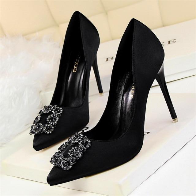 New Fashion Crystal Metal Square Buckle Women Pumps Soft Silk High Heels Shoes Sexy Pointed Toe Shallow Women's Party Shoes-Black 2-4.5-JadeMoghul Inc.