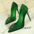 New Fashion Crystal Metal Square Buckle Women Pumps Soft Silk High Heels Shoes Sexy Pointed Toe Shallow Women's Party Shoes-Dark Green-4.5-JadeMoghul Inc.