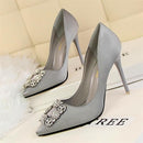 New Fashion Crystal Metal Square Buckle Women Pumps Soft Silk High Heels Shoes Sexy Pointed Toe Shallow Women's Party Shoes-Gray-4.5-JadeMoghul Inc.