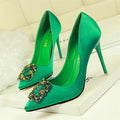 New Fashion Crystal Metal Square Buckle Women Pumps Soft Silk High Heels Shoes Sexy Pointed Toe Shallow Women's Party Shoes-Light Green-4.5-JadeMoghul Inc.