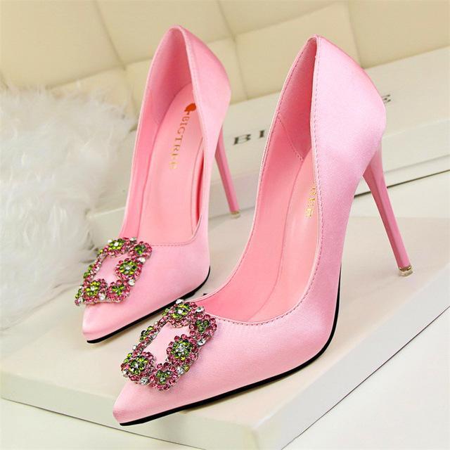New Fashion Crystal Metal Square Buckle Women Pumps Soft Silk High Heels Shoes Sexy Pointed Toe Shallow Women's Party Shoes-Pink-4.5-JadeMoghul Inc.