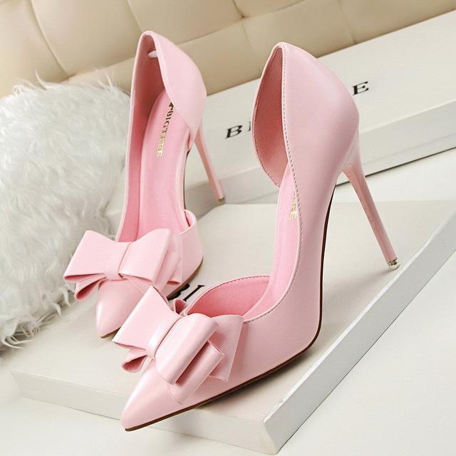 New Fashion Delicate Sweet Bowknot High Heel Shoes Side Hollow Pointed Women Pumps-Pink-34-JadeMoghul Inc.