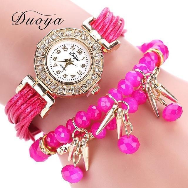 New Fashion Women Dress Watch - Pearl Crystal Stone Ladies Bracelet Watch-Rose Red-JadeMoghul Inc.