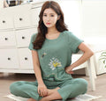 New Green Print Female Pajamas Set Sleepwear Chinese Women Cotton Linen Pyjamas Suit Flower Nightwear M L XL XXL YZ089 AExp
