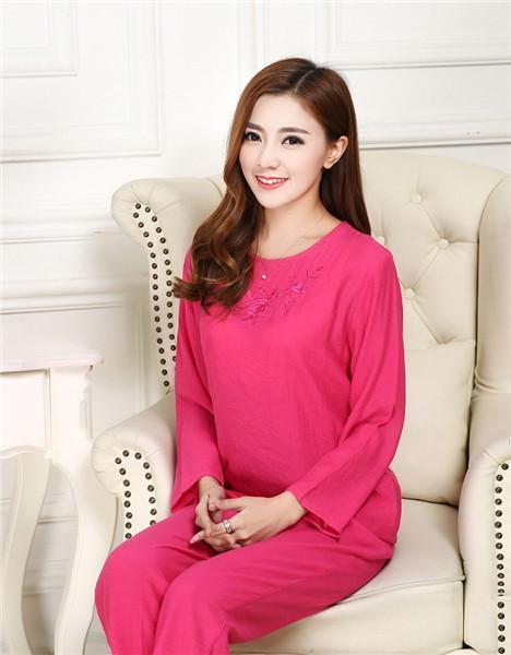 New Green Print Female Pajamas Set Sleepwear Chinese Women Cotton Linen Pyjamas Suit Flower Nightwear M L XL XXL YZ089 AExp