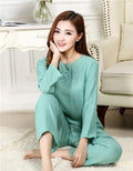 New Green Print Female Pajamas Set Sleepwear Chinese Women Cotton Linen Pyjamas Suit Flower Nightwear M L XL XXL YZ089 AExp