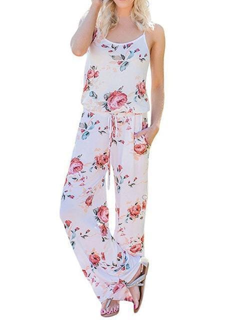 New Kawaii Floral Jumpsuit Fashion Women Spaghetti Strap Long Playsuits Casual Beach Long Pants Jumpsuits Overalls Pockets GV736-White-S-JadeMoghul Inc.