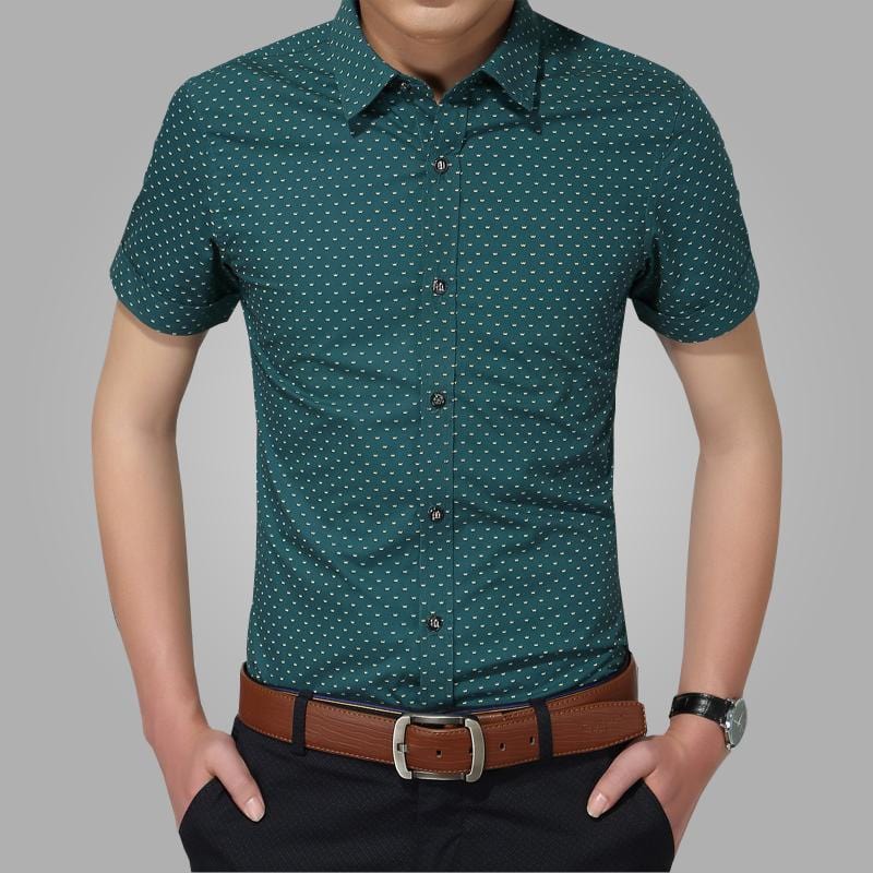 New Men Turn-down Collar Slim Fit Casual Dot Shirt With Short Sleeve-Green-M-JadeMoghul Inc.