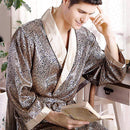 New Real Men Luxury Bathrobe Geometric Robes V-neck Imitation Silk Knitted Sleepwear Full Sleeve Nightwear AExp