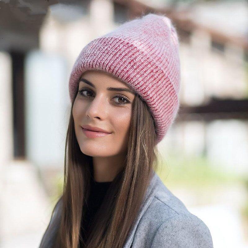 new simple Rabbit fur Beanie Hat for Women Winter Skullies Warm wool Cap Gorros Female Cap AExp