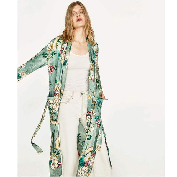 New Vintage Pareo Retro Floral Print Green Long Kimono Jacket Long Sleeve Cardigan Maxi Shawl Summer Tops Belted Beachwear AExp